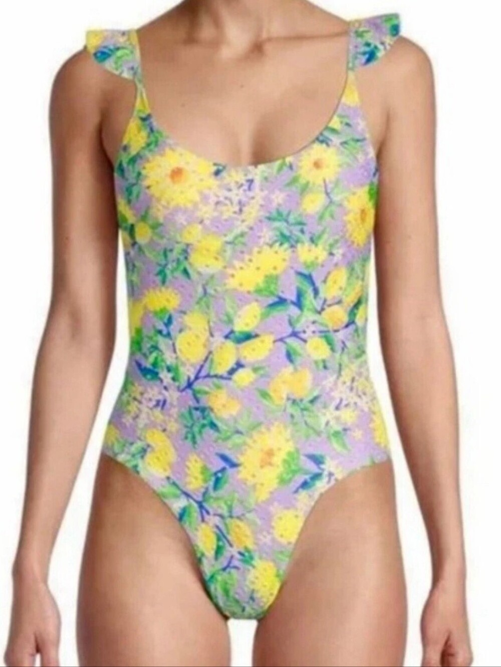 Farm Rio Praia One Piece Swimsuit US M Lavender Floral Lemon Ruffle Straps - Picture 1 of 11